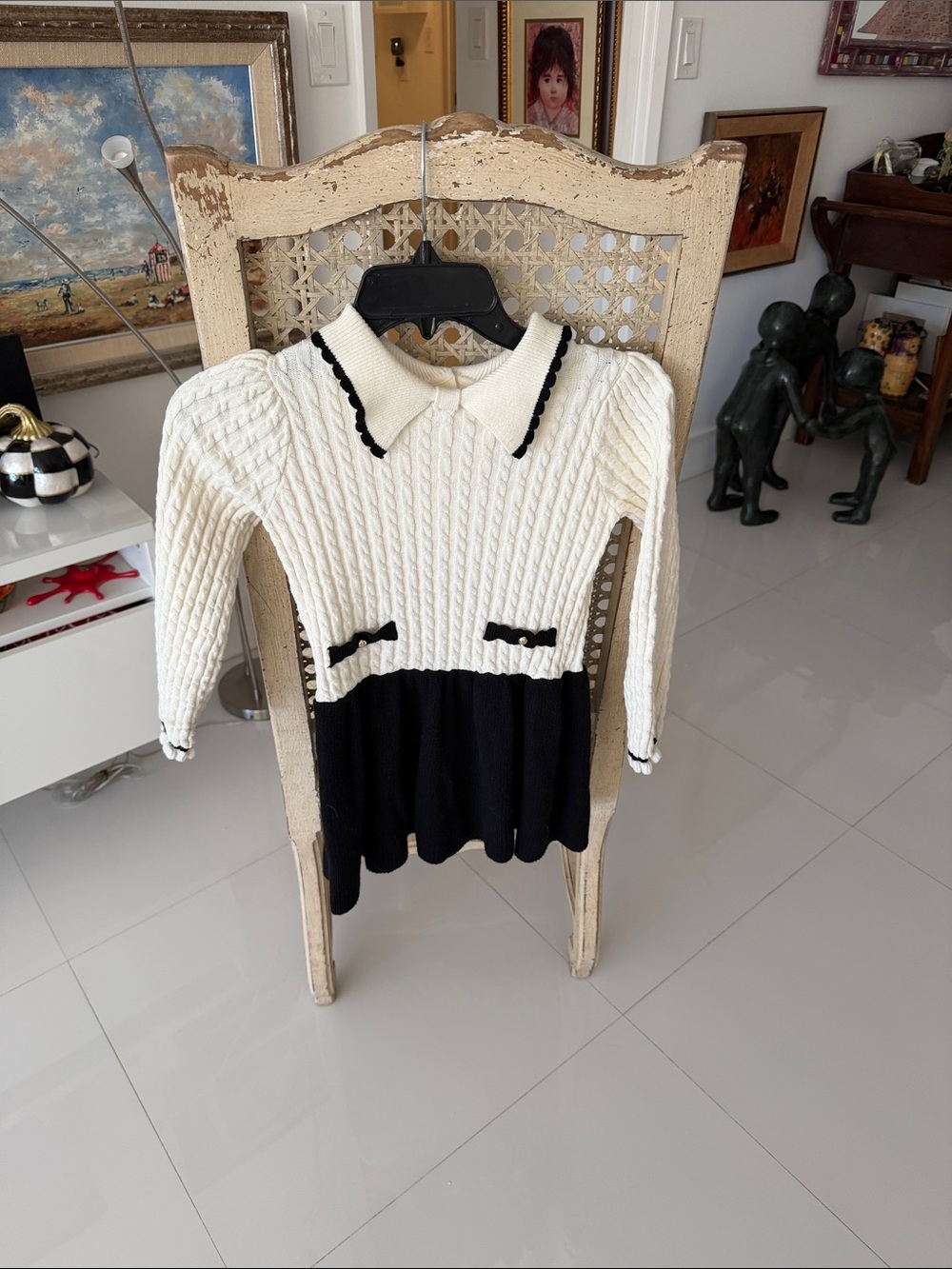 Janie and Jack Cream & Black Cable Knit Colorblock Preppy Sweater Dress